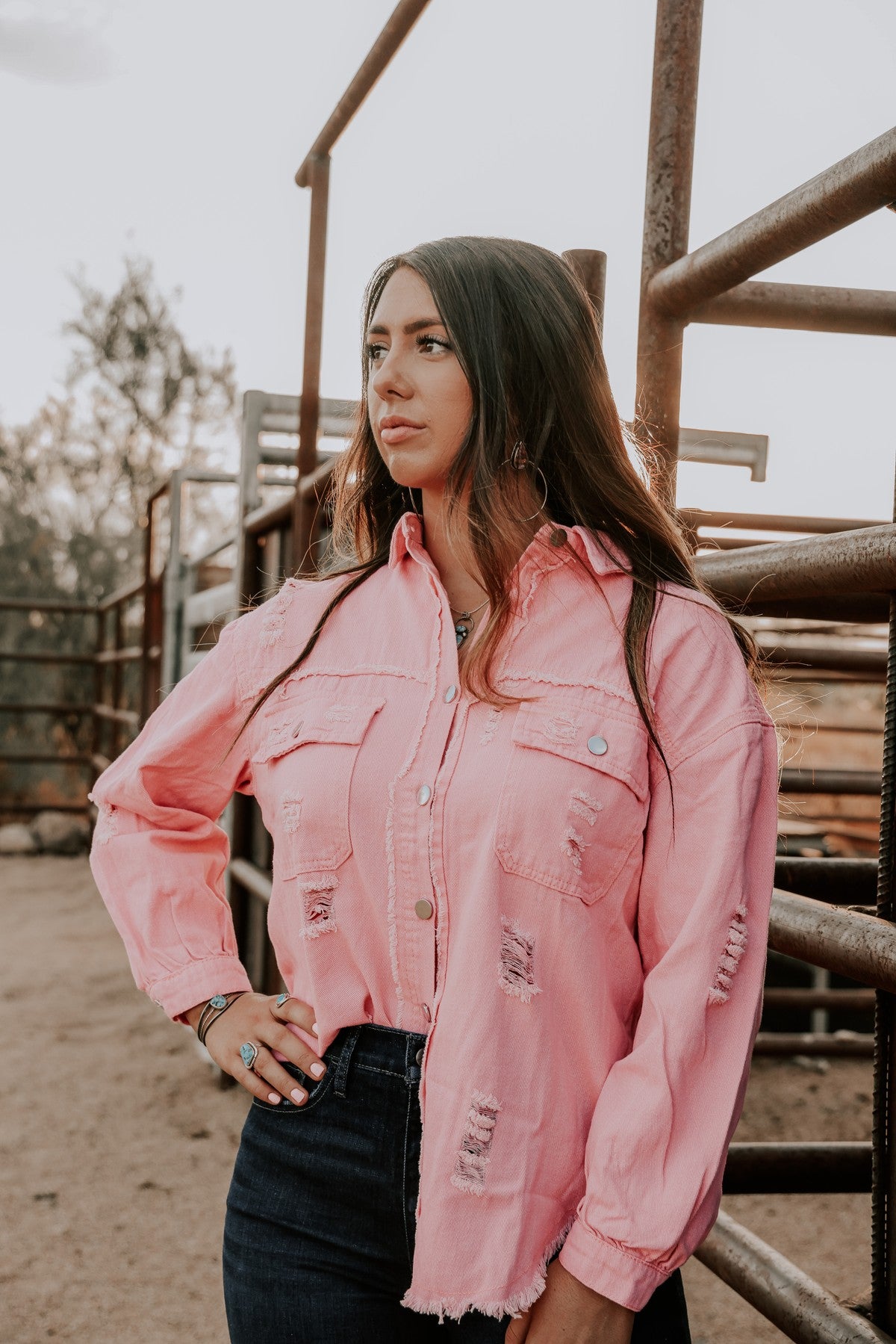 Pink Long Sleeve Denim Shirt