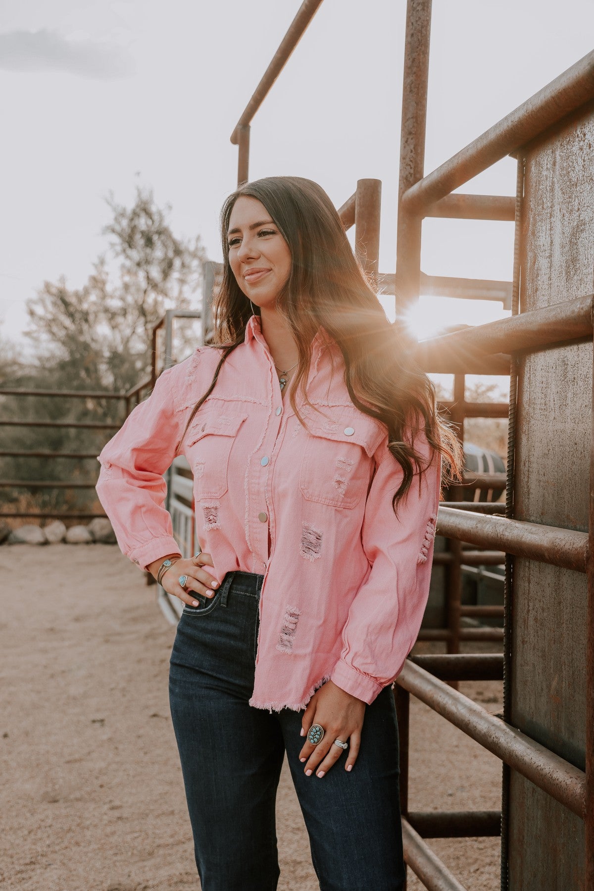 Pink Long Sleeve Denim Shirt