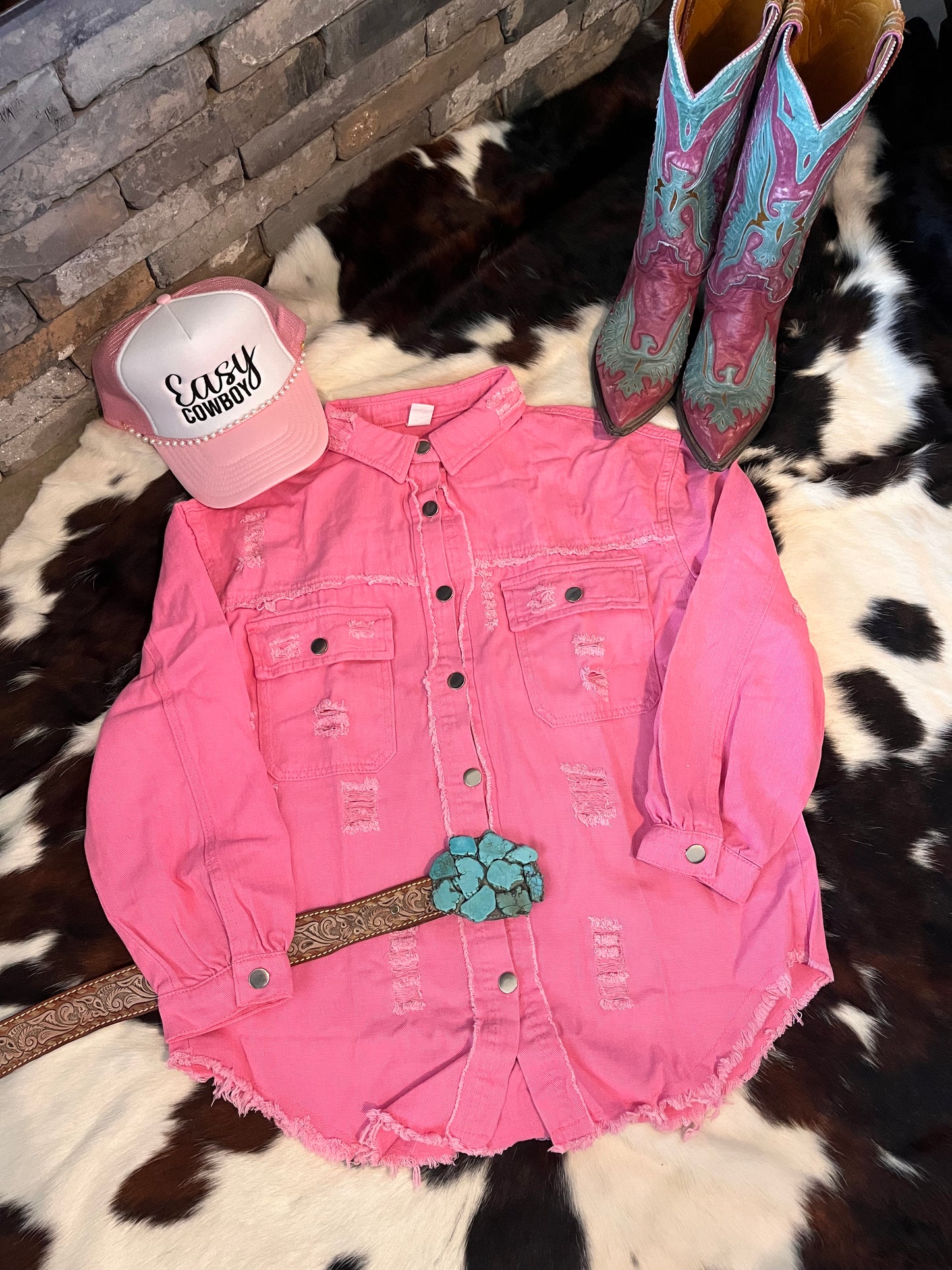 Pink Long Sleeve Denim Shirt