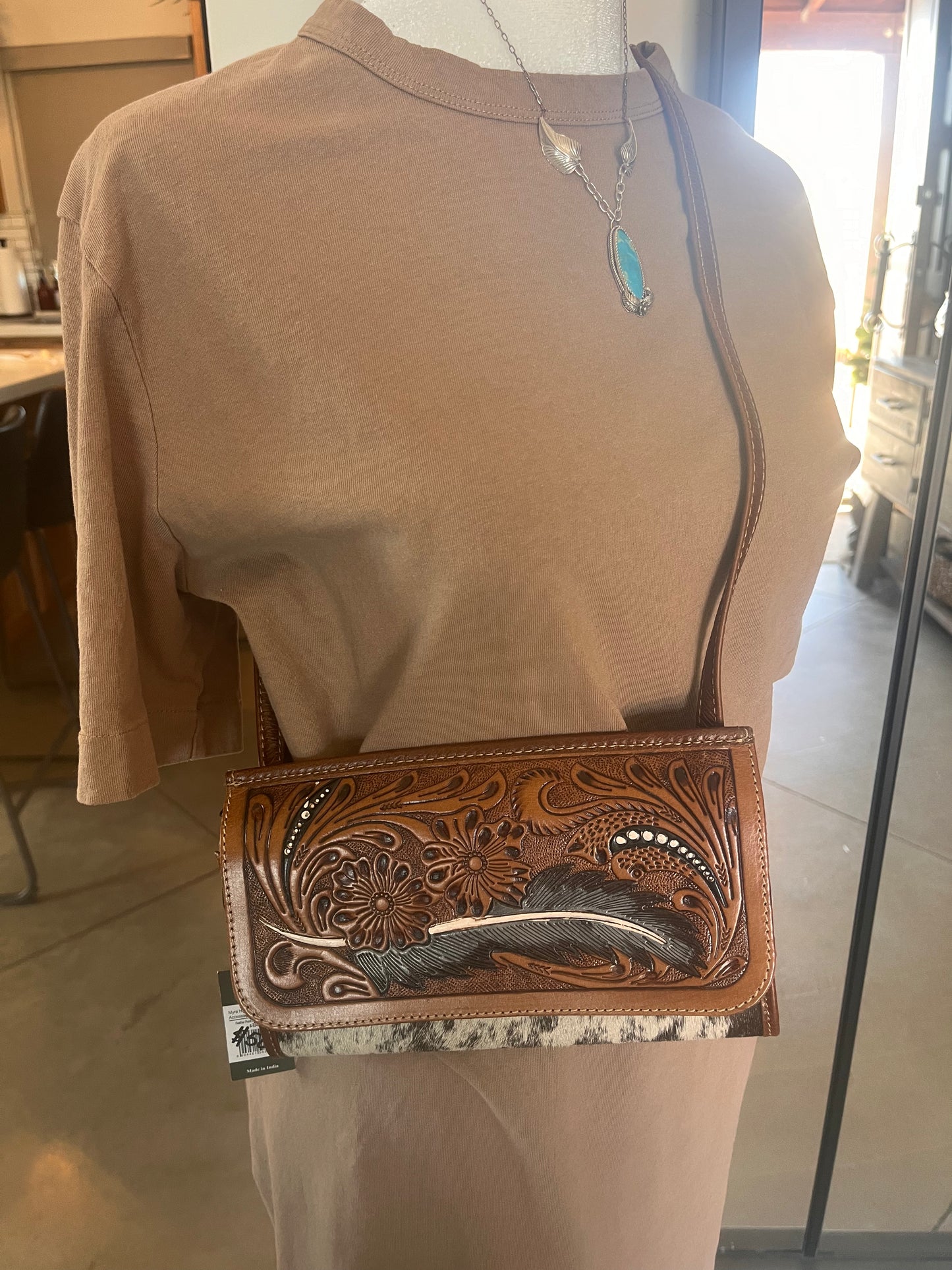 Feather Print Small Hand Tooled Bag
