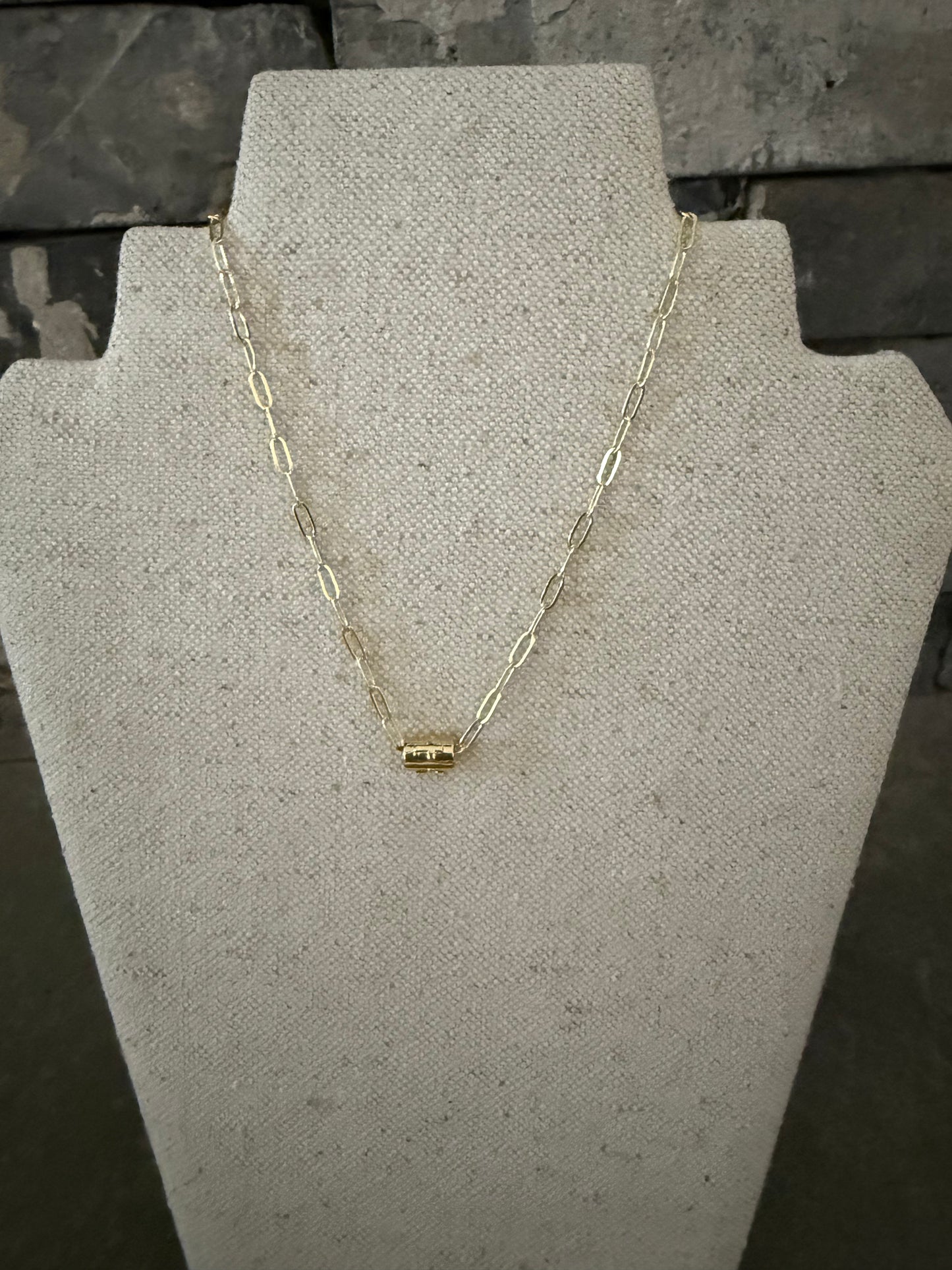 Gold Small Paperclip Necklace with Cross Bar Pendant