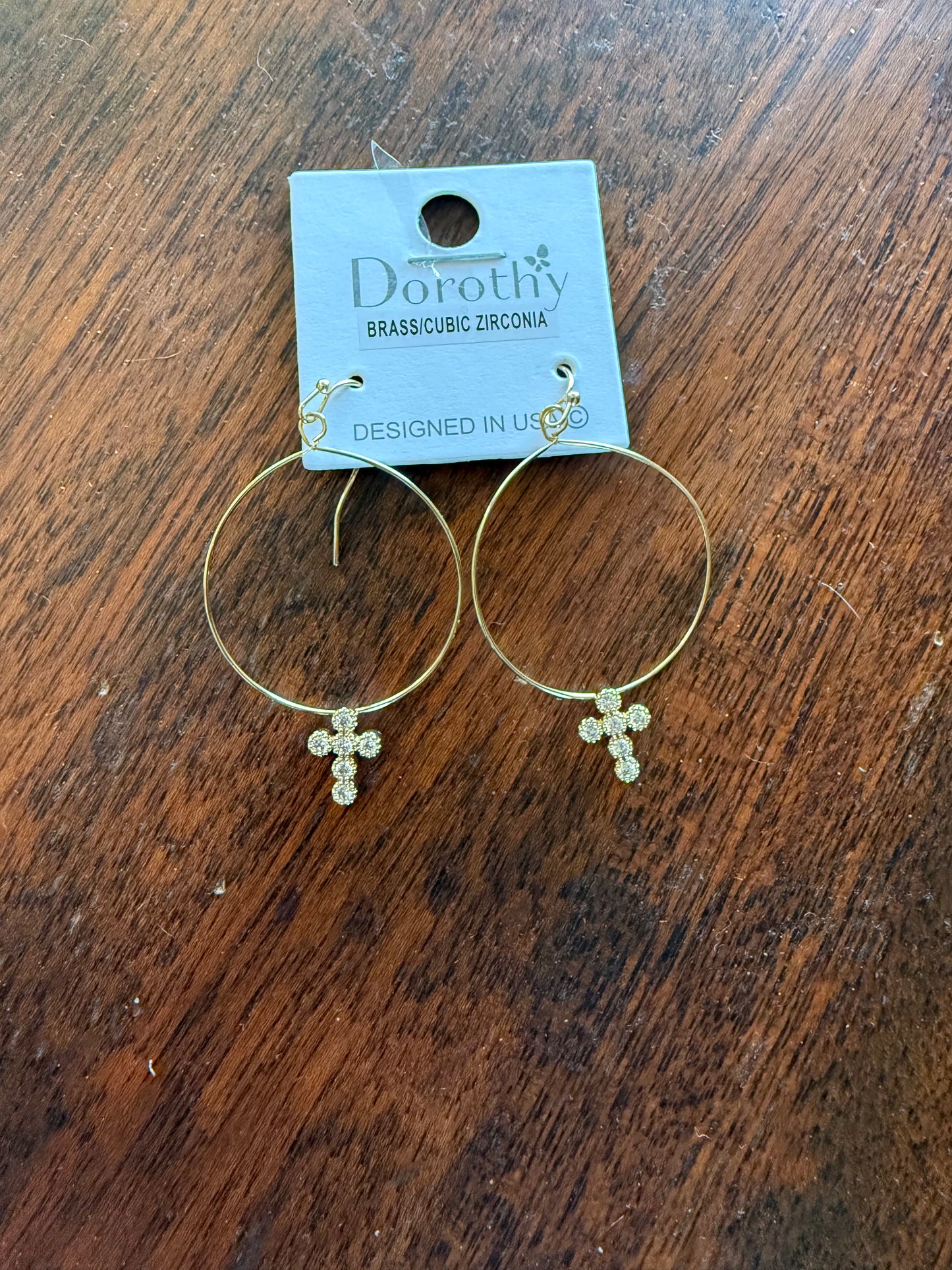 Gold Dangle Earrings with Rhinestone Crosses