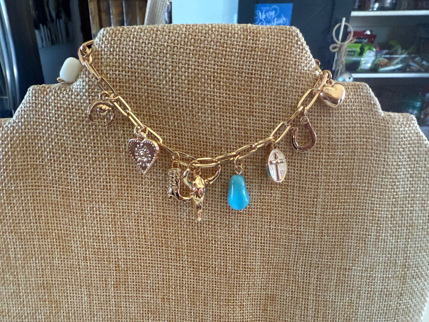 Gold Western Charm Bracelet with Turquoise