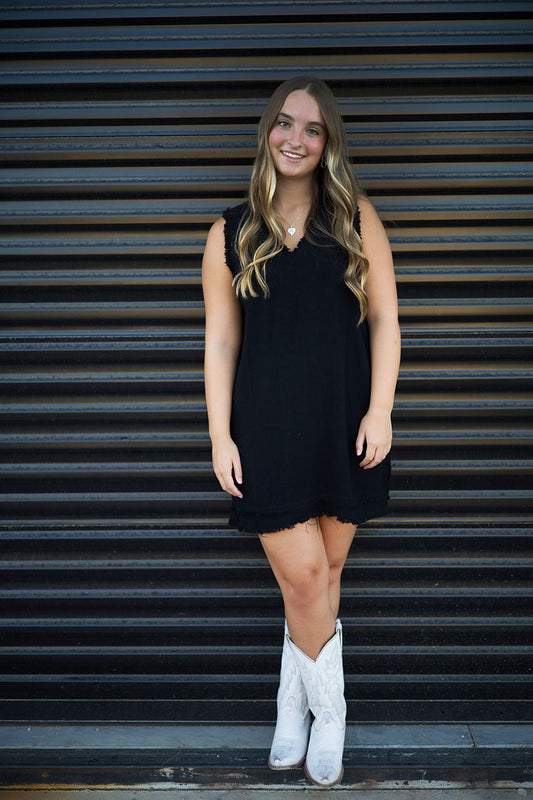 Black Linen Frayed Dress