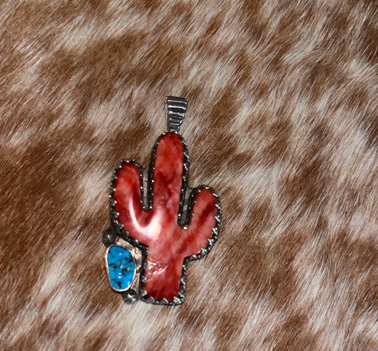 Authentic CIMMARON JACK Red Spiney Oyester & Turquoise Double Sided Cactus & Bucking Horse Pendant