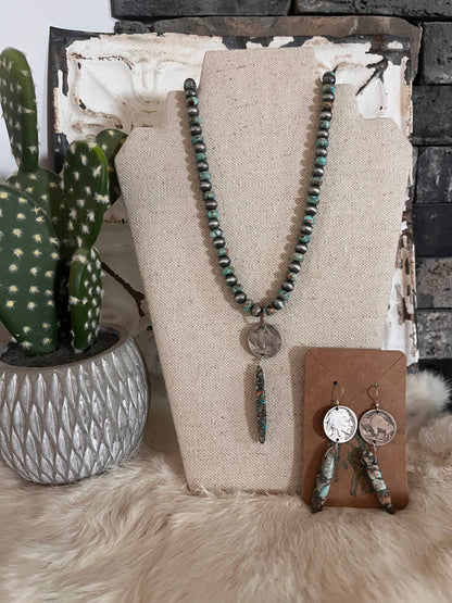 Authentic Buffalo Nickel & Turquoise Necklace & Earrings