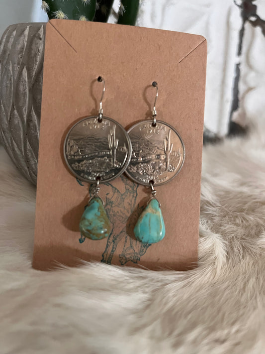 Authentic Turquoise Tear Drop & AZ Quarter Earrings