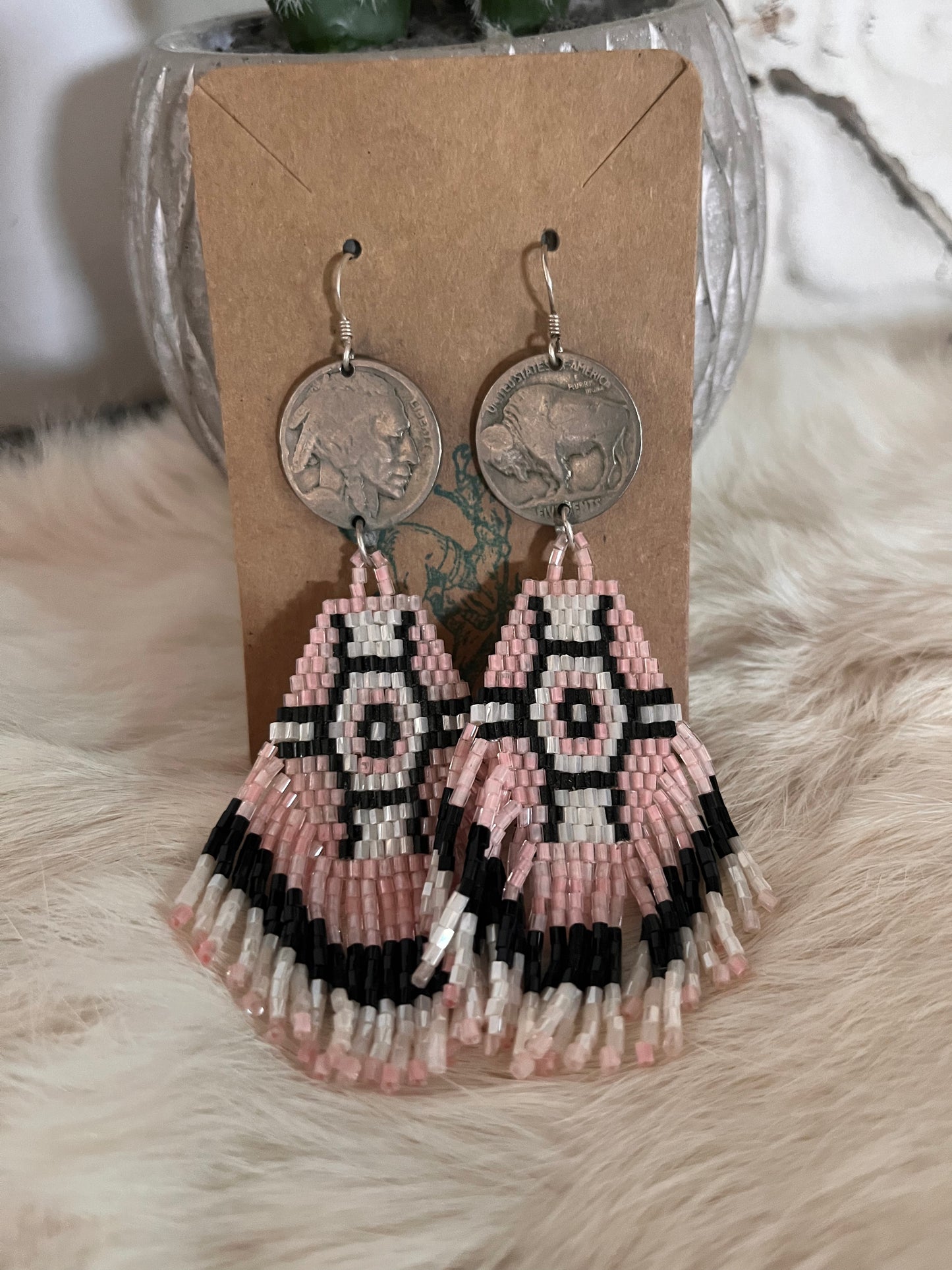 Authentic Pink & Black Beaded Buffalo Nickel Earrings