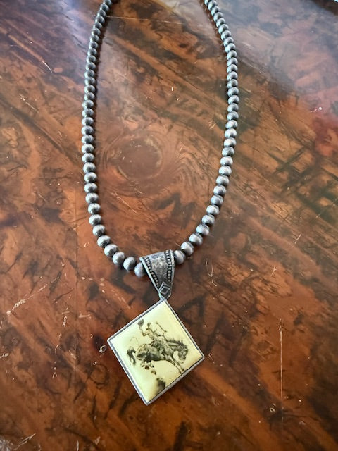Bucking Horse Picture Necklace on Navajo Beads