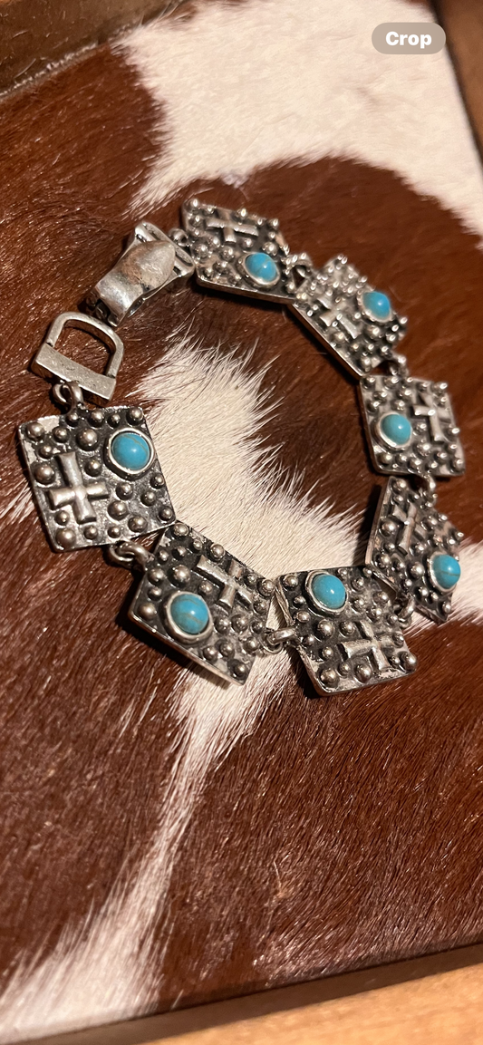 Silver, Turquoise & Cross Bracelet