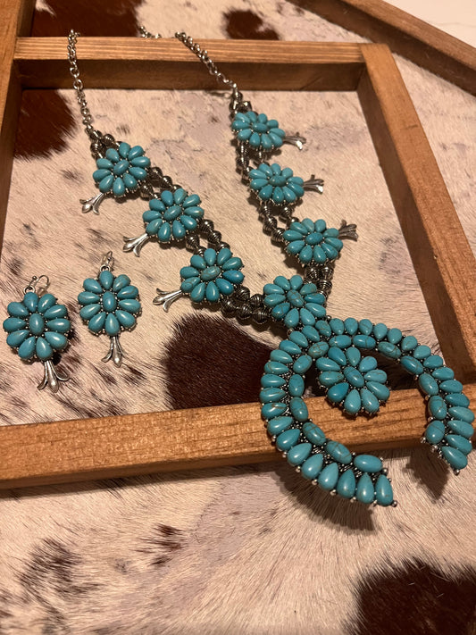 Chunky Turquoise Squash Blossom & Matching Earrings