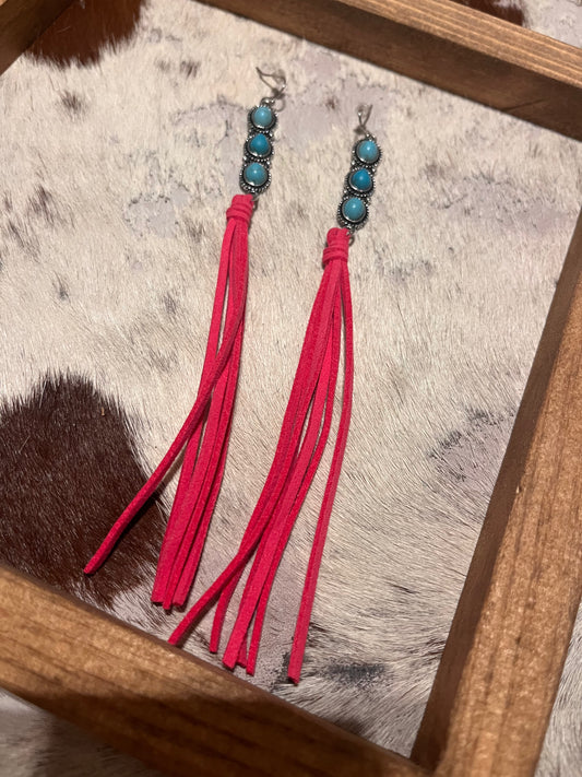 Long Pink Leather and Turquoise Earrings