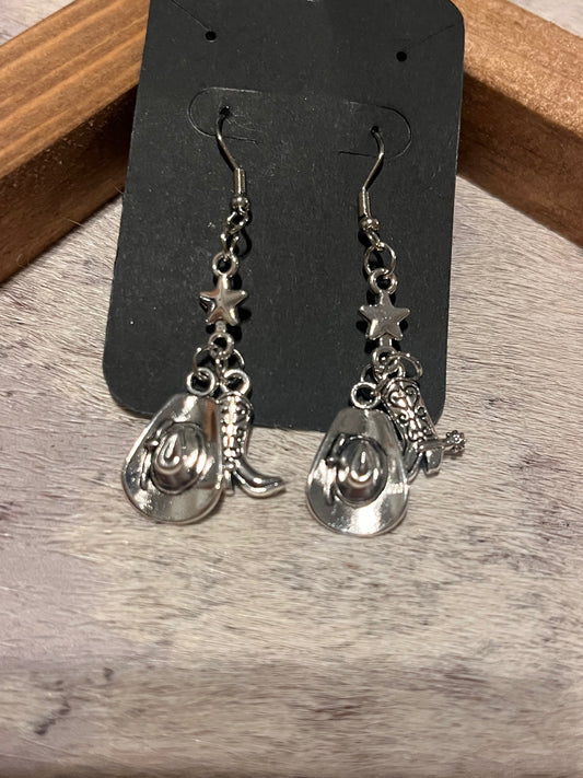 Silver Dangle Cowboy Hat & Boot Earrings