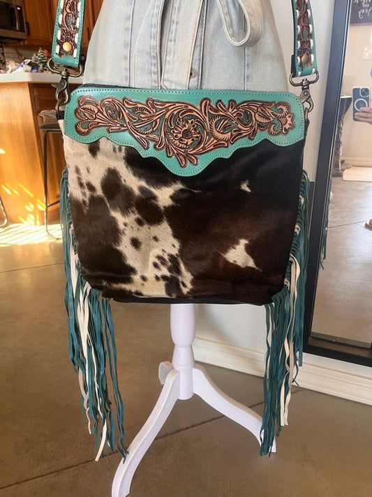 Pony Trail Fringed Hand Tooled and Cowhide Bag