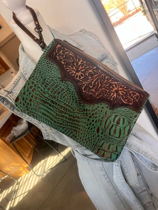 Sipala Hand Tooled Clutch Bag In Turquoise