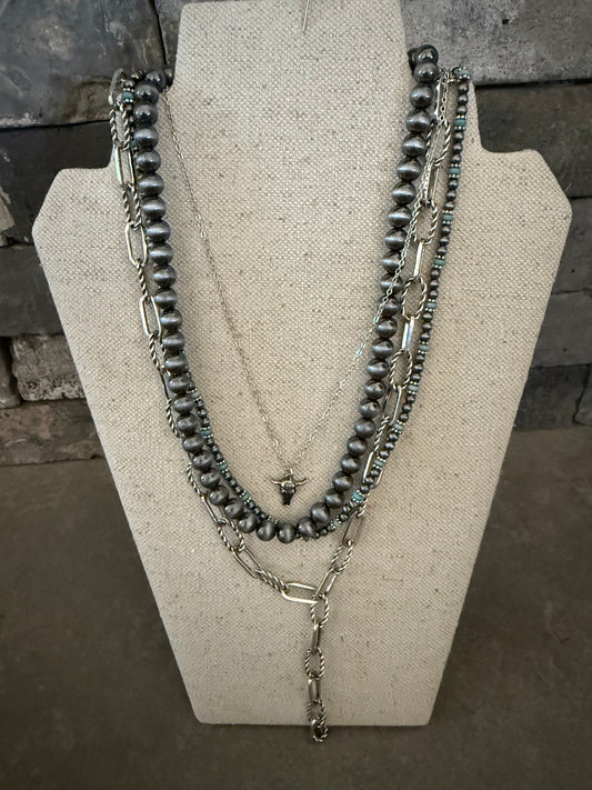 Silver Layered Necklace with Cow Skull