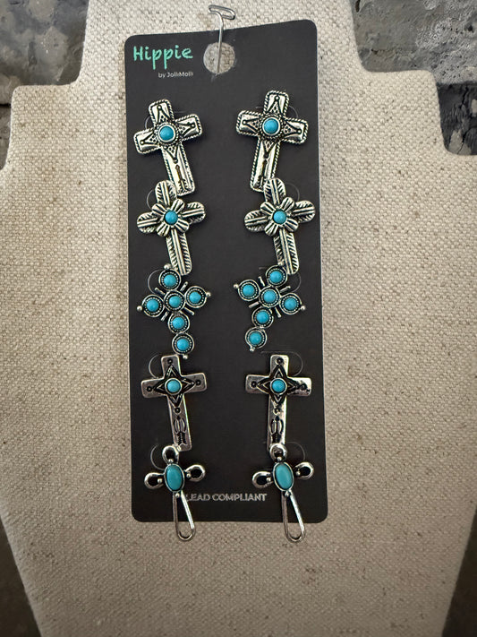 Set of turquoise and silver cross stud earrings