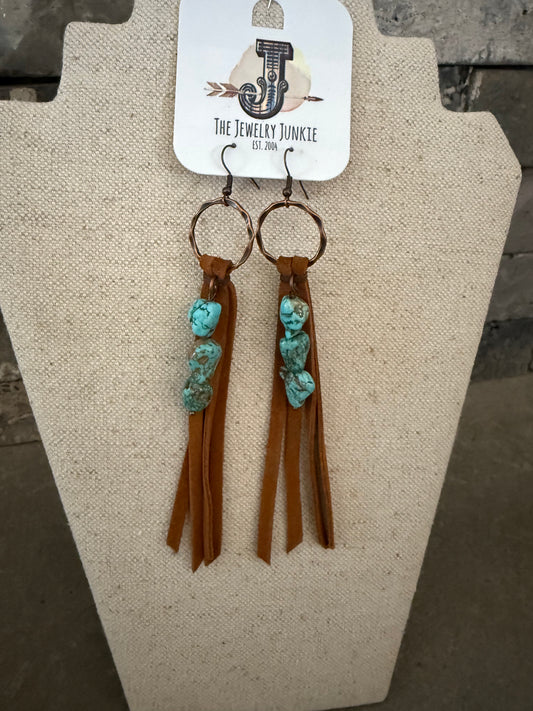 Leather and Fringe Turquoise Earrings