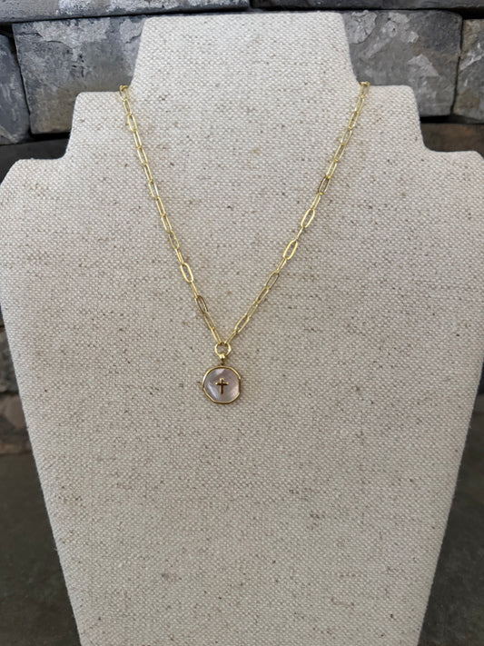 Gold Round Shell Cross Pendant Necklace