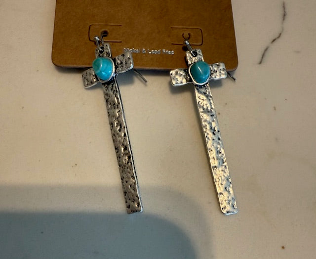 Silver Hammered Turquoise Cross Earrings