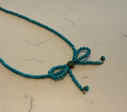 Turquoise Bow Necklace with Round Beads