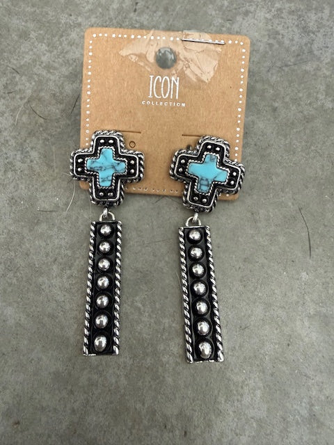 Turquoise Cross and Black Ball Bead stud Earrings